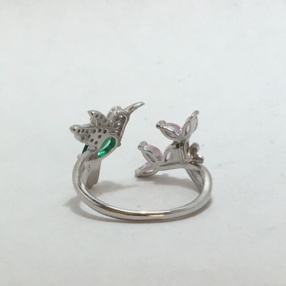 Sterling Silver Hummingbird Ring Adjustable Size 7 CZ Pink Flowers Green Body - Picture 9 of 16